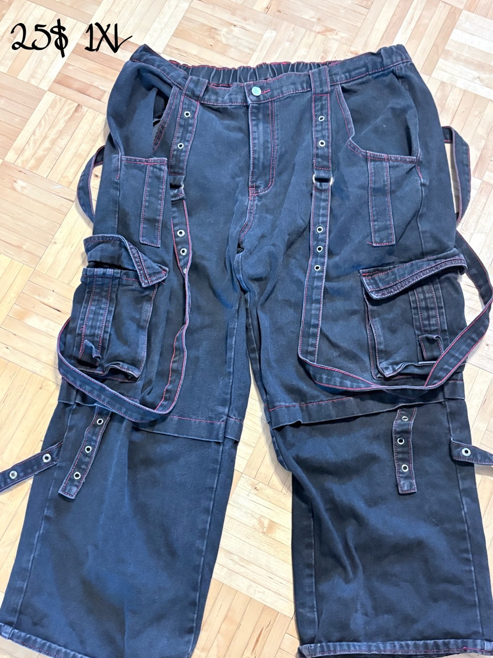 Black Cargo Work Pants with Red Stitching - Men